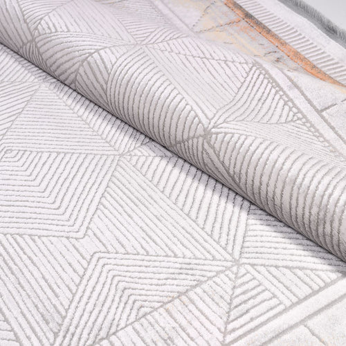 Machine Made Area Rug - Grey Beige Geometric Frame Rug with Overlocked Edge