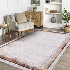 Machine Made Area Rug - Grey Beige Geometric Frame Rug with Overlocked Edge