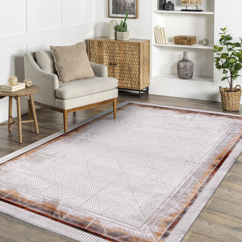 Machine Made Area Rug - Grey Beige Geometric Frame Rug with Overlocked Edge