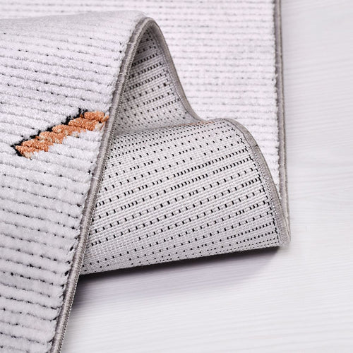 Machine Made Area Rug - Grey Brown Striped Durable Floor Covering with Overlocked Edge