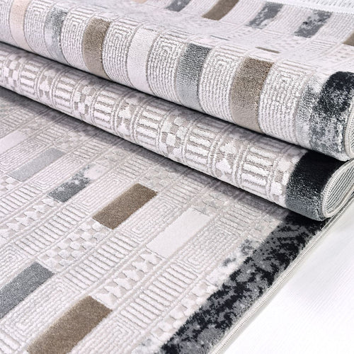 Cream Geometric Area Rug - Machine Made Rug with Acrylic Yarn & Overlocked Edge