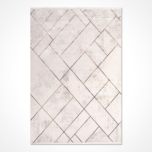 Geometric Area Rug - Machine Made Beige Striped Polyester Rug with Soft Texture