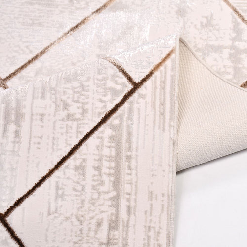 Geometric Area Rug - Machine Made Beige Striped Polyester Rug with Soft Texture