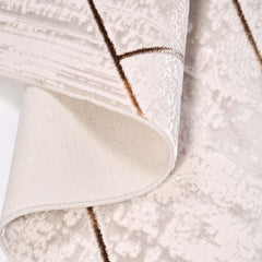 Geometric Area Rug - Machine Made Beige Striped Polyester Rug with Soft Texture