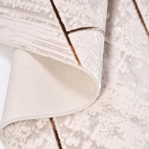 Geometric Area Rug - Machine Made Beige Striped Polyester Rug with Soft Texture