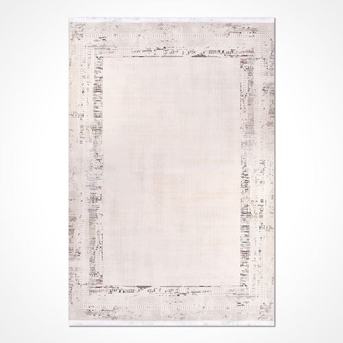 Cream Area Rug - Machine Made Rug With Frame Design | 6mm Pile Polyester Carpet