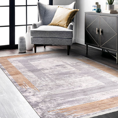 Zelda Grey Striped Viscose Machine Made Area Rug