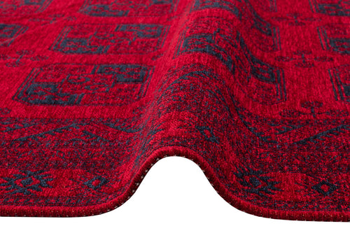 Red Afghan Washable Carpet - Non Slip Fine Woven Area Rug With Geometric Design