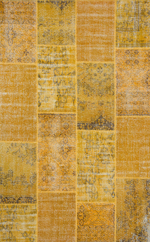 Handmade Wool Area Rug – Yellow Patchwork Style Flatweave Carpet for Living Room