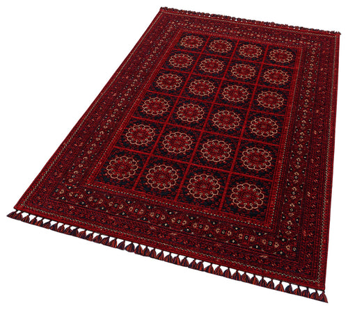 Afghan Washable Carpet - Red Non Slip Rug with Antibacterial Patterned Pile