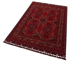 Afghan Washable Carpet - Red Area Rug Non Slip Fine Woven Geometric Patterned