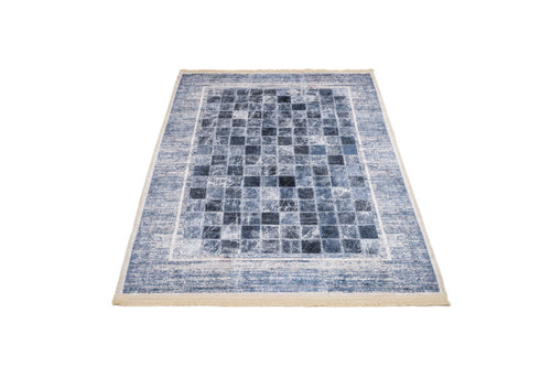 Blue Geometric Area Rug - Cotton Chenille Digital Print Carpet for Living Room