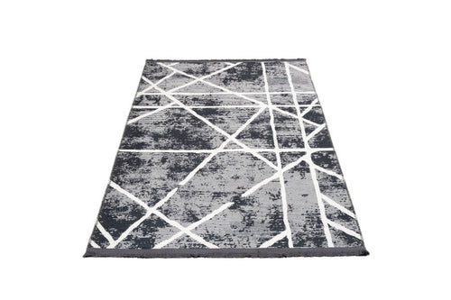 Geometric Area Rug - Black Grey Cotton Chenille Digital Print Carpet for Living Room