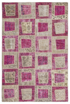 Iskece 2022 Pink Patchwork Wool Handmade Area Rug 5'3" x 7'7"