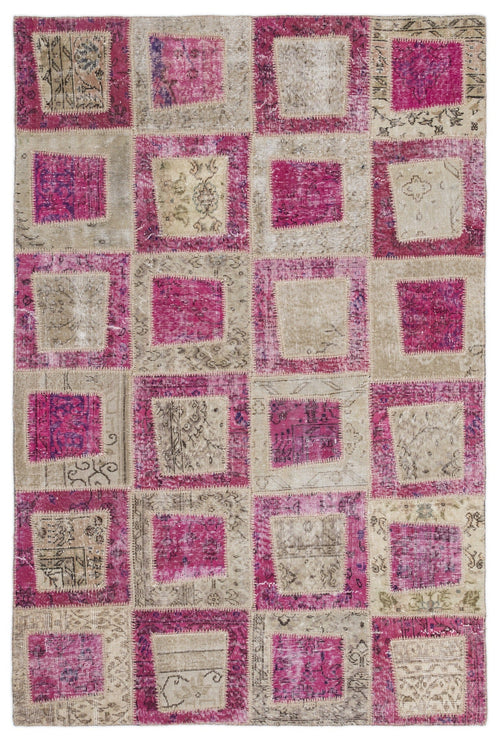 Iskece 2022 Pink Patchwork Wool Handmade Area Rug 5'3" x 7'7"