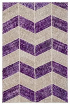 Iskece 2024 Purple Patchwork Wool Handmade Area Rug 5'3" x 7'7"