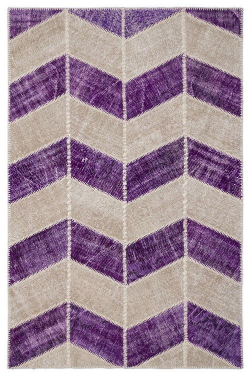 Iskece 2024 Purple Patchwork Wool Handmade Area Rug 5'3" x 7'7"