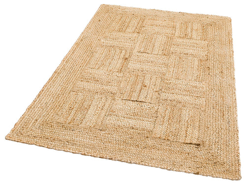 Handmade Jute Rug – Beige Geometric Natural Fiber Flatweave Carpet for Living Room