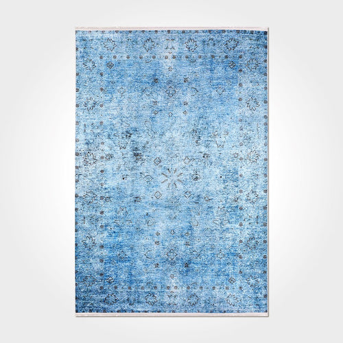 Vintage Chenille Rug – Washable Non Slip Cotton Area Rug With Blue Printed Design
