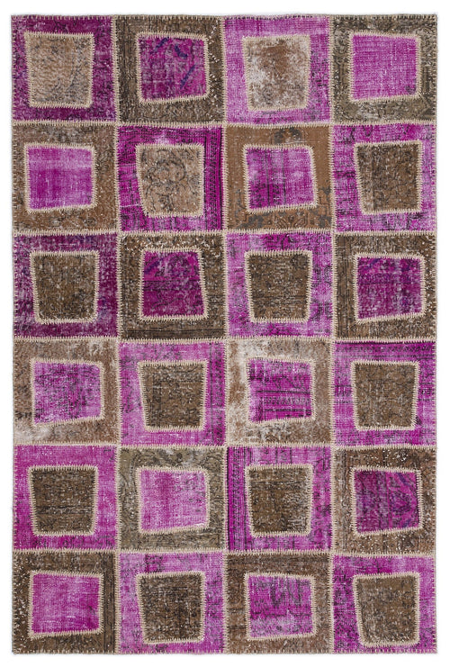 Iskece 2036 Purple Patchwork Wool Handmade Area Rug 5'3" x 7'7"