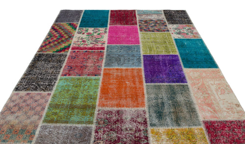 Iskece Beige Patchwork Wool Handmade Area Rug 6'8" x 9'11"