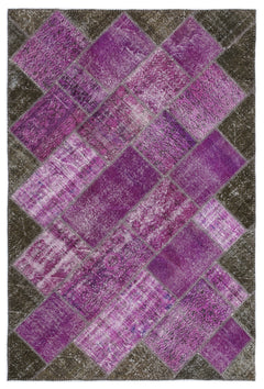 Iskece 2053 Purple Patchwork Wool Handmade Area Rug 5'3" x 7'7"