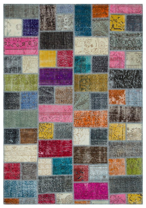 Iskece Beige Patchwork Wool Handmade Area Rug 5'5" x 8'5"