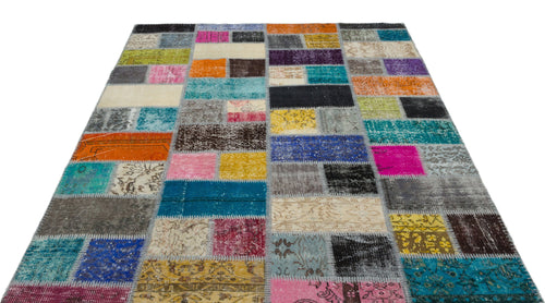 Iskece Beige Patchwork Wool Handmade Area Rug 5'0" x 8'11"