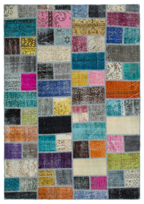 Iskece Beige Patchwork Wool Handmade Area Rug 5'0" x 8'11"