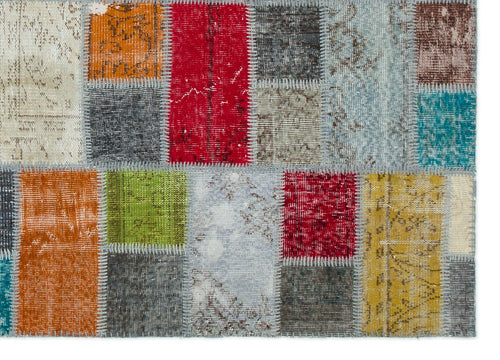 Iskece Beige Patchwork Wool Handmade Area Rug 5'7" x 7'10"