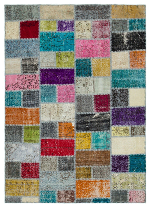 Iskece Beige Patchwork Wool Handmade Area Rug 5'7" x 7'10"