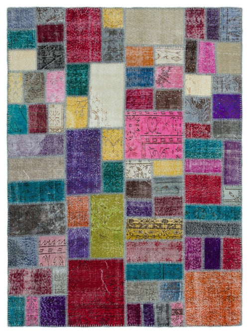 Iskece 20575 Beige Patchwork Wool Handmade Area Rug 5'7" x 7'7"