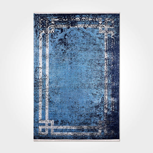 Digital Print Area Rug - Washable Non Slip Blue Frame Chenille Cotton Carpet