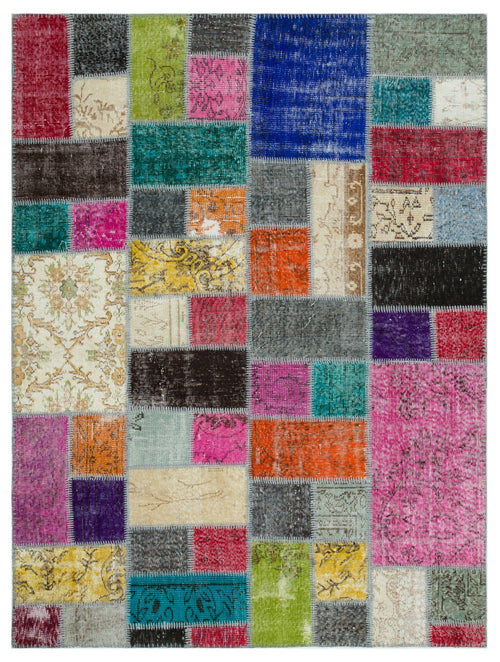 Iskece Beige Patchwork Wool Handmade Area Rug 5'8" x 7'6"