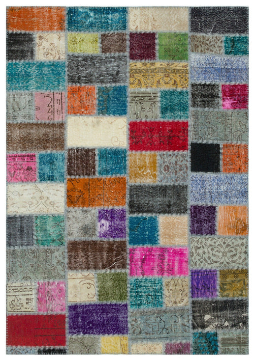 Iskece Beige Patchwork Wool Handmade Area Rug 4'10" x 9'4"