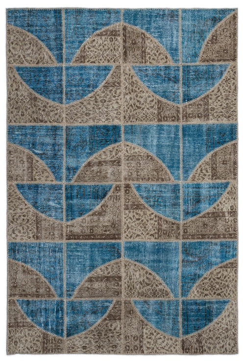 Iskece 2090 Blue Patchwork Wool Handmade Area Rug 5'3" x 7'7"