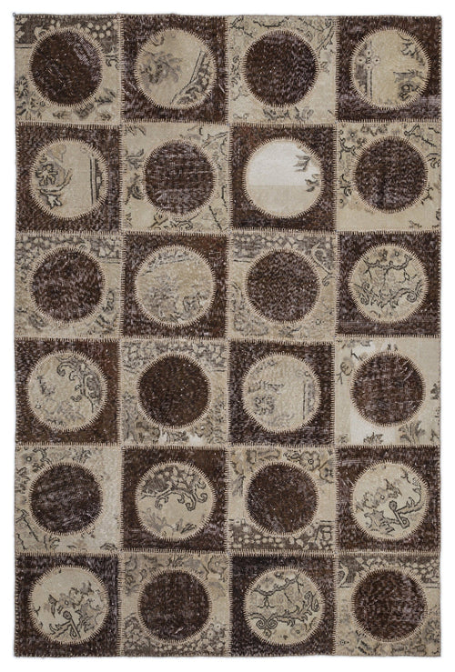 Iskece 2092 Brown Patchwork Wool Handmade Area Rug 5'3" x 7'7"