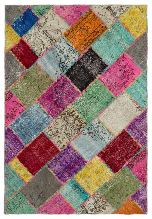 Iskece 20981 Beige Patchwork Wool Handmade Area Rug 5'3" x 7'8"