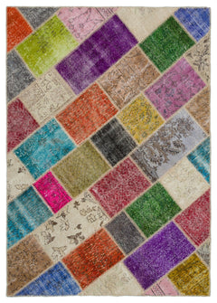 Iskece 21009 Beige Patchwork Wool Handmade Area Rug 5'4" x 7'6"