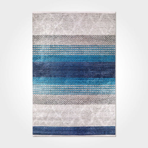 Carolineye Grey Blue Striped Chenille and Cotton Digital Print Area Rug