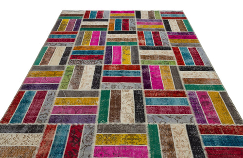 Iskece Beige Patchwork Wool Handmade Area Rug 6'8" x 9'3"