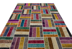 Iskece Beige Patchwork Wool Handmade Area Rug 6'8" x 9'3"