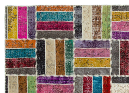 Iskece Beige Patchwork Wool Handmade Area Rug 6'7" x 9'2"