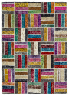 Iskece Beige Patchwork Wool Handmade Area Rug 6'7" x 9'2"