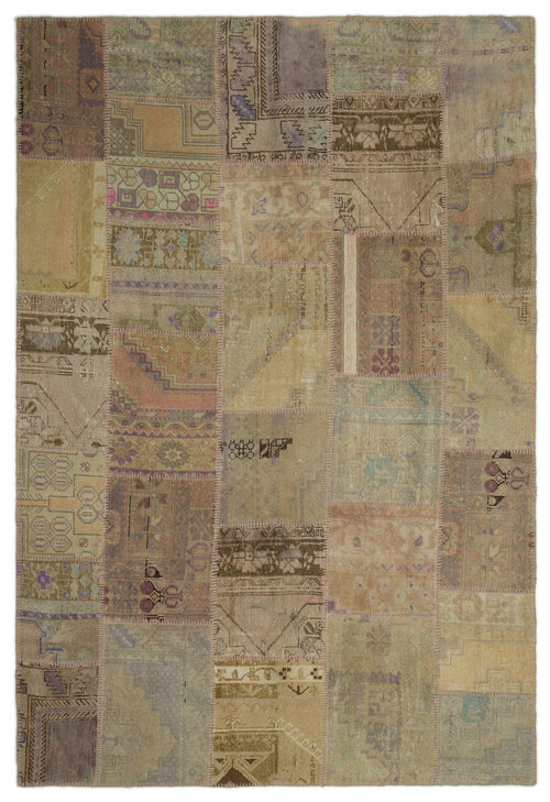 Iskece Beige Patchwork Wool Handmade Area Rug 6'1" x 9'0"