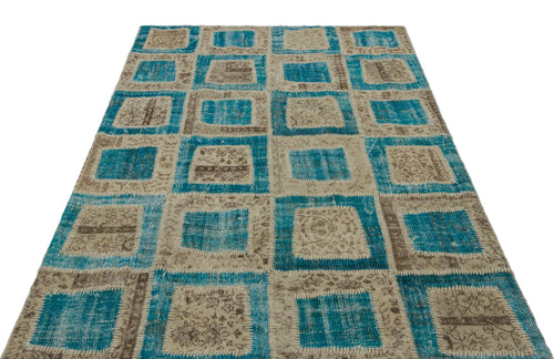 Iskece 21344 Turquoise Patchwork Wool Handmade Area Rug 5'3" x 7'11"