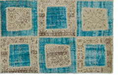 Iskece 21344 Turquoise Patchwork Wool Handmade Area Rug 5'3" x 7'11"