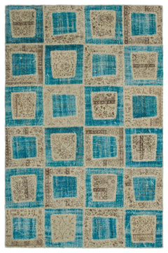 Iskece 21344 Turquoise Patchwork Wool Handmade Area Rug 5'3" x 7'11"