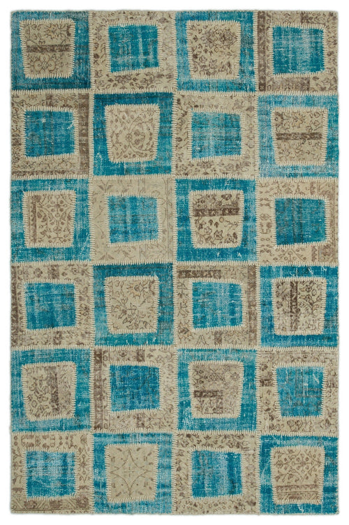 Iskece 21344 Turquoise Patchwork Wool Handmade Area Rug 5'3" x 7'11"