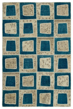 Iskece 21346 Turquoise Patchwork Wool Handmade Area Rug 5'3" x 7'10"
